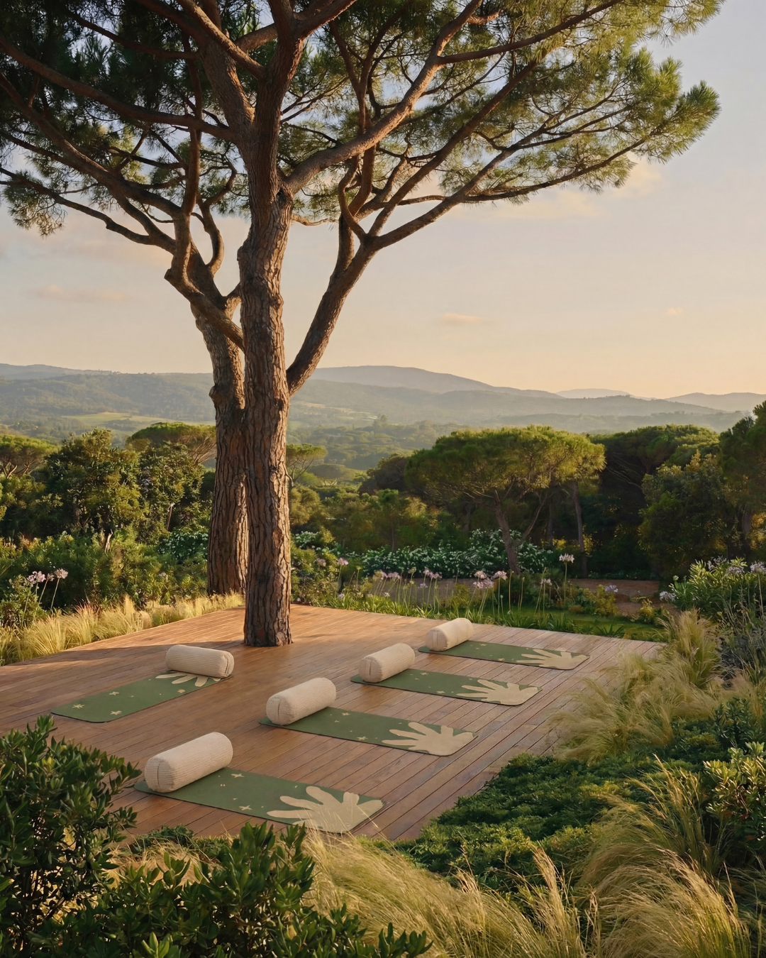 Terrasse en bois sous un pin parasol, bolsters Awena Studio alignés sur des tapis de yoga