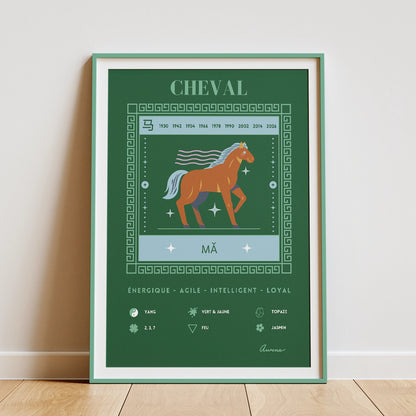 Affiche zen décoration murale signe chinois cheval encadrée et posée sur un parquet