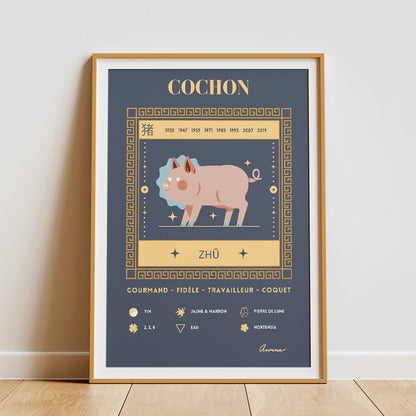 Affiche zen décoration murale signe chinois cochon encadrée et posée sur un parquet