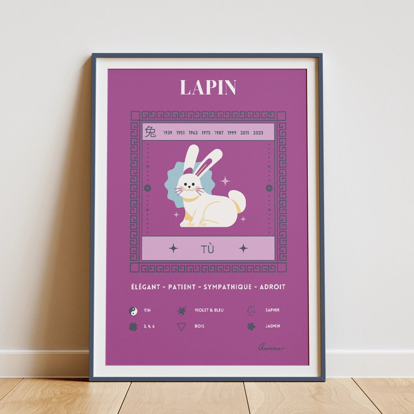 Affiche zen décoration murale signe chinois lapin encadrée et posée sur un parquet