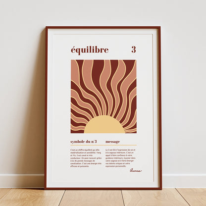 Affiche zen décoration murale chiffre 3 équilibre encadrée et posée sur un parquet