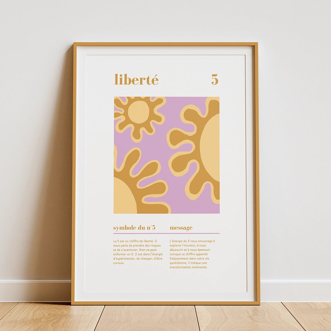 Affiche zen décoration murale chiffre 5 liberté encadrée et posée sur un parquet