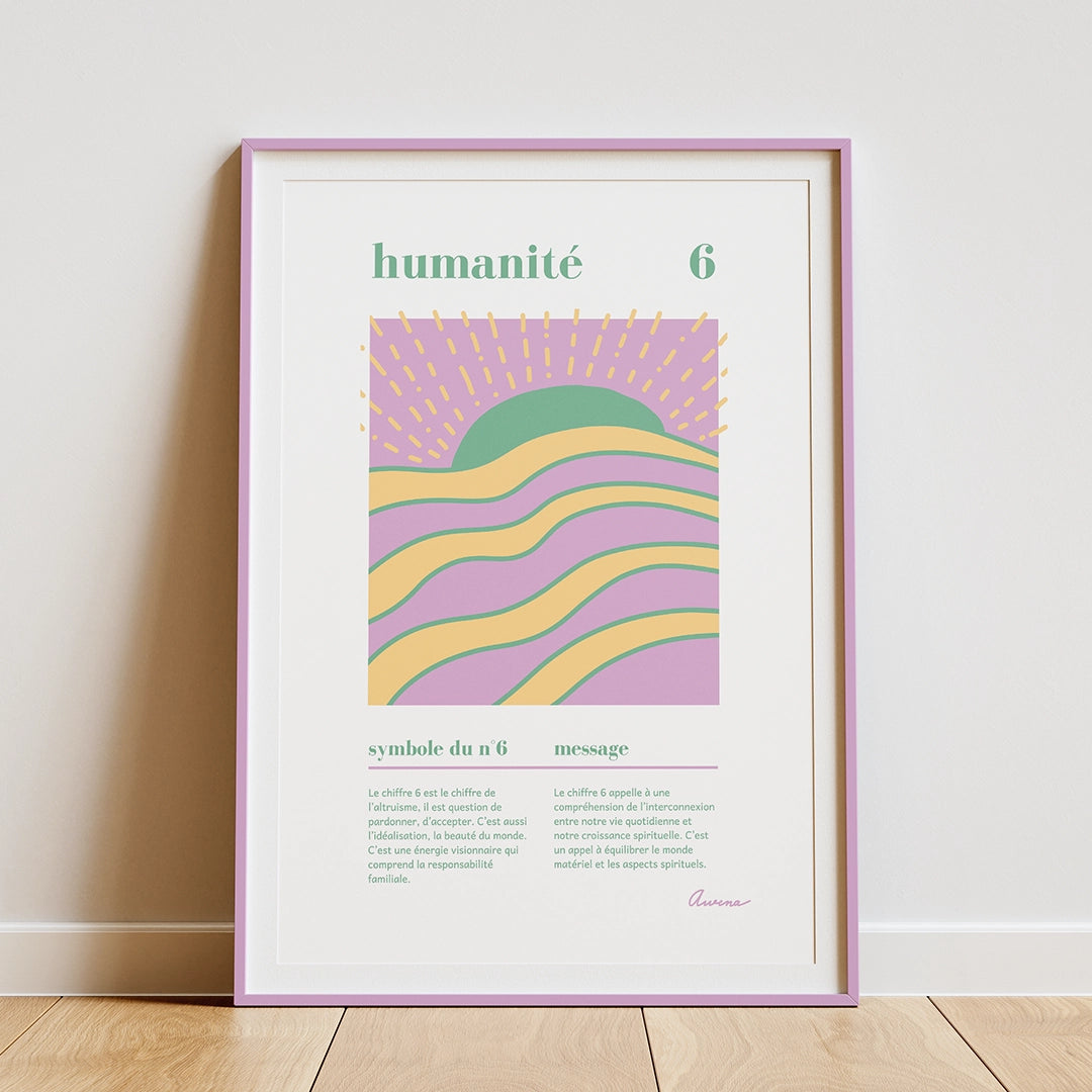 Affiche zen décoration murale chiffre 6 humanité encadrée et posée sur un parquet