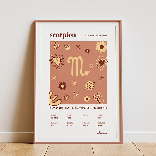 Affiche zen décoration murale signe astrologique scorpion encadrée et posée sur un parquet